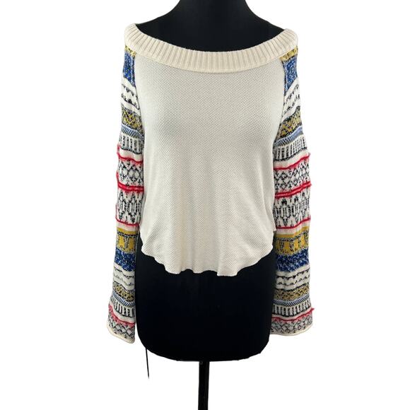 FREE PEOPLE Fairground Patterned Wide Neck Thermal Top Ivory Art Sleeves Boho S - Picture 2 of 10